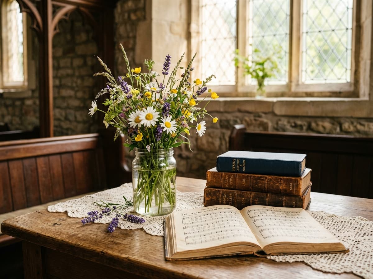 Wildflowers in a glass jar resting beside vintage hymn books on an antique church table