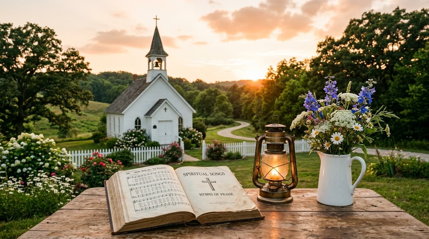 Traditional white country church in warm late-afternoon golden sunlight with an open vintage hymnal on a wooden table