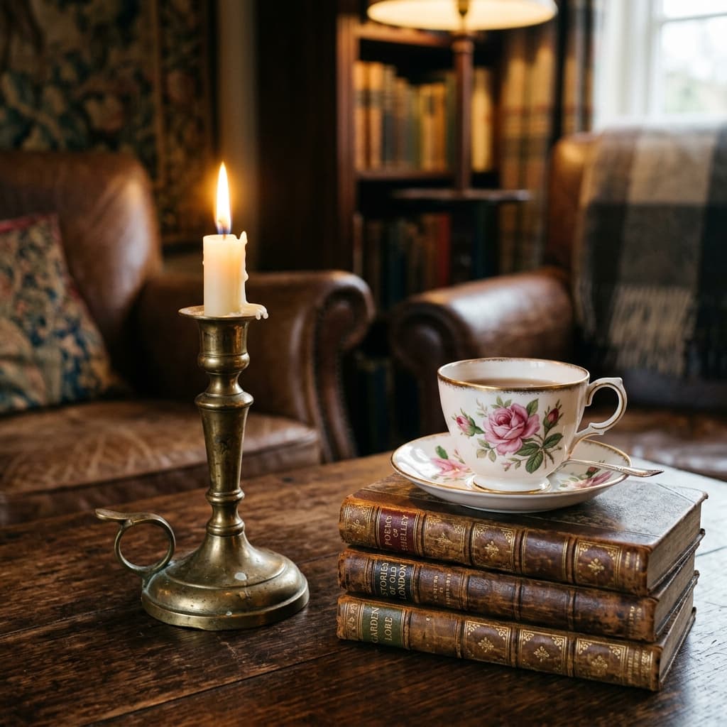Antique brass candlestick with lit flame and vintage floral teacup on old books