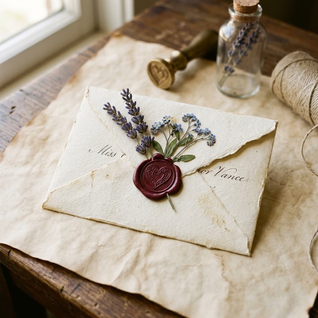 Vintage sealed letter envelope with dried lavender sprig and wax seal